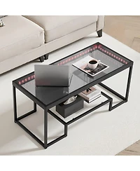 Gouun Led-Lit Tempered Glass 2-Tier Coffee Table with Metal Frame