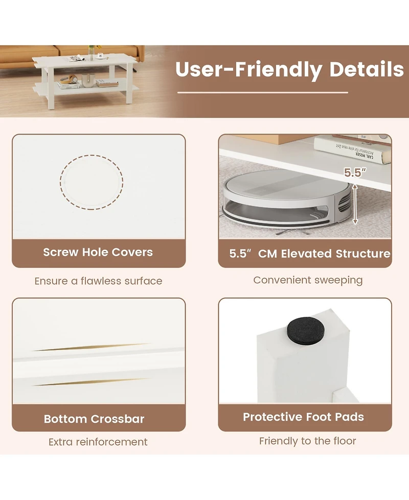 Gouun 45-Inch 2-Tier Slatted Wood Coffee Table with Shelf