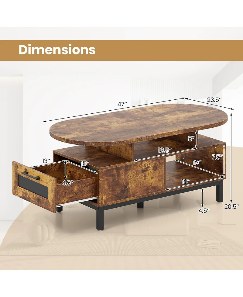 Gouun 47-Inch Oval Coffee Table with Drawers and Open Compartments