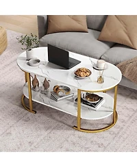 Gouun Oval 2-Tier Coffee Table with Open Storage Shelf