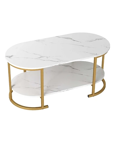 Gouun Oval 2-Tier Coffee Table with Open Storage Shelf