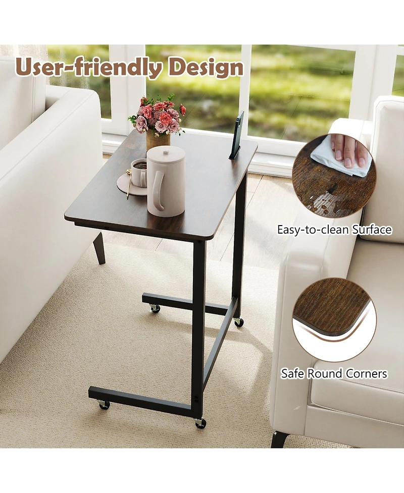 Gouun C-Shaped Mobile End Table with Wheels and Built-In Phone Slot, 23.5 x 15.5 x 26 in