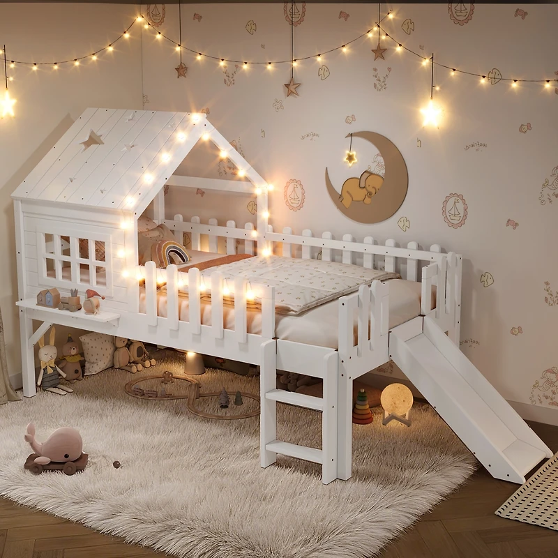 Streamdale Furniture Twin Loft Bed with Slide, Playhouse, Led Lights
