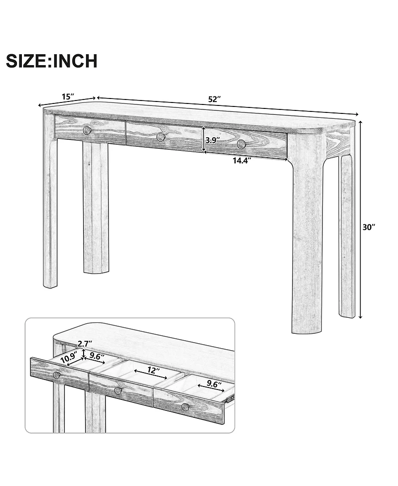 Rainsken Rustic Console Table, 52" Entryway Table with 3 Concealed Drawers, Curved Corners and Thick Legs for Hallway and Living Room