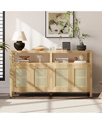 Rainsken Rattan Buffet Storage Cabinet, Bohemian Style Sideboard with Adjustable Shelves, No-Handle Push-to-Open Design for Living and Dining Rooms