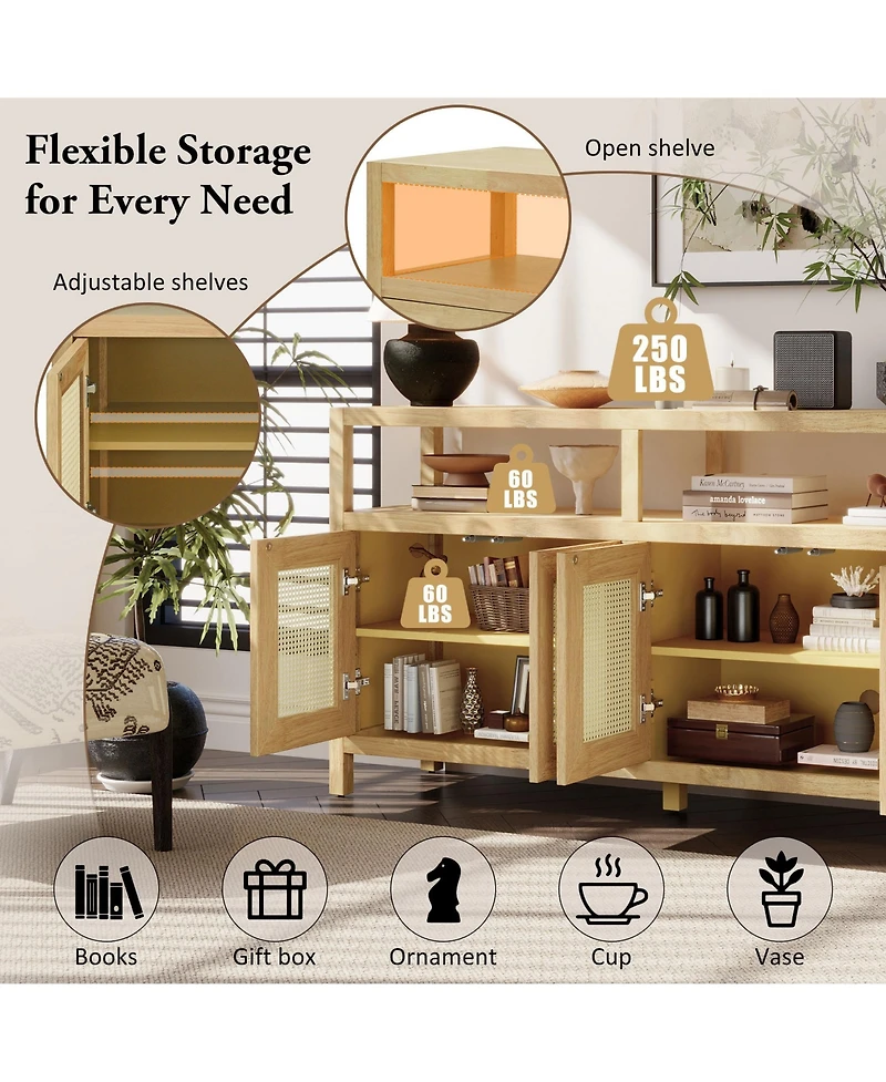 Rainsken Rattan Buffet Storage Cabinet, Bohemian Style Sideboard with Adjustable Shelves, No-Handle Push-to-Open Design for Living and Dining Rooms