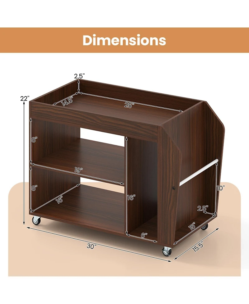 Gouun 3-Tier Rolling Side End Table with Wheels and Side Storage Rack, 30 x 15.5 x 22 in