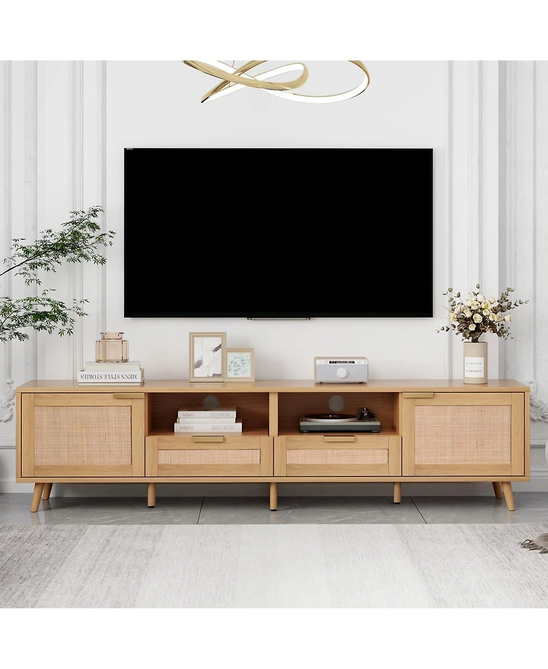 Rainsken Rattan Tv Stand for TVs , Media Console, Entertainment Center with 2 Drawers, 2- Open Shelves and Storage Cabinet for Living Room