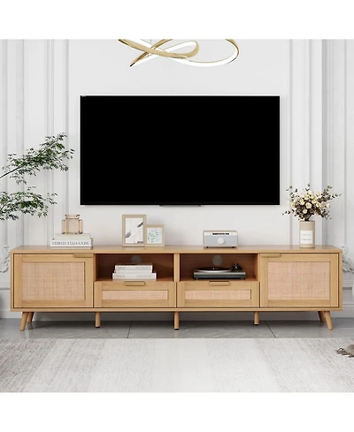 Rainsken Rattan Tv Stand for TVs , Media Console, Entertainment Center with 2 Drawers, 2- Open Shelves and Storage Cabinet for Living Room