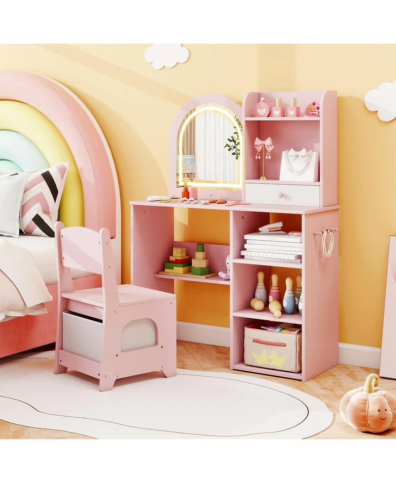 Slickblue Girls Makeup Vanity Desk Set with Chair and 3-Color Led Mirror