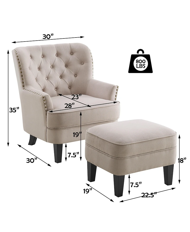 Boyel Living Vintage Button-Tufted Velvet Chair and Ottoman Set with Nailhead Trim and Solid Wood Legs