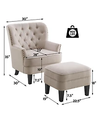 Boyel Living Vintage Button-Tufted Velvet Chair and Ottoman Set with Nailhead Trim and Solid Wood Legs