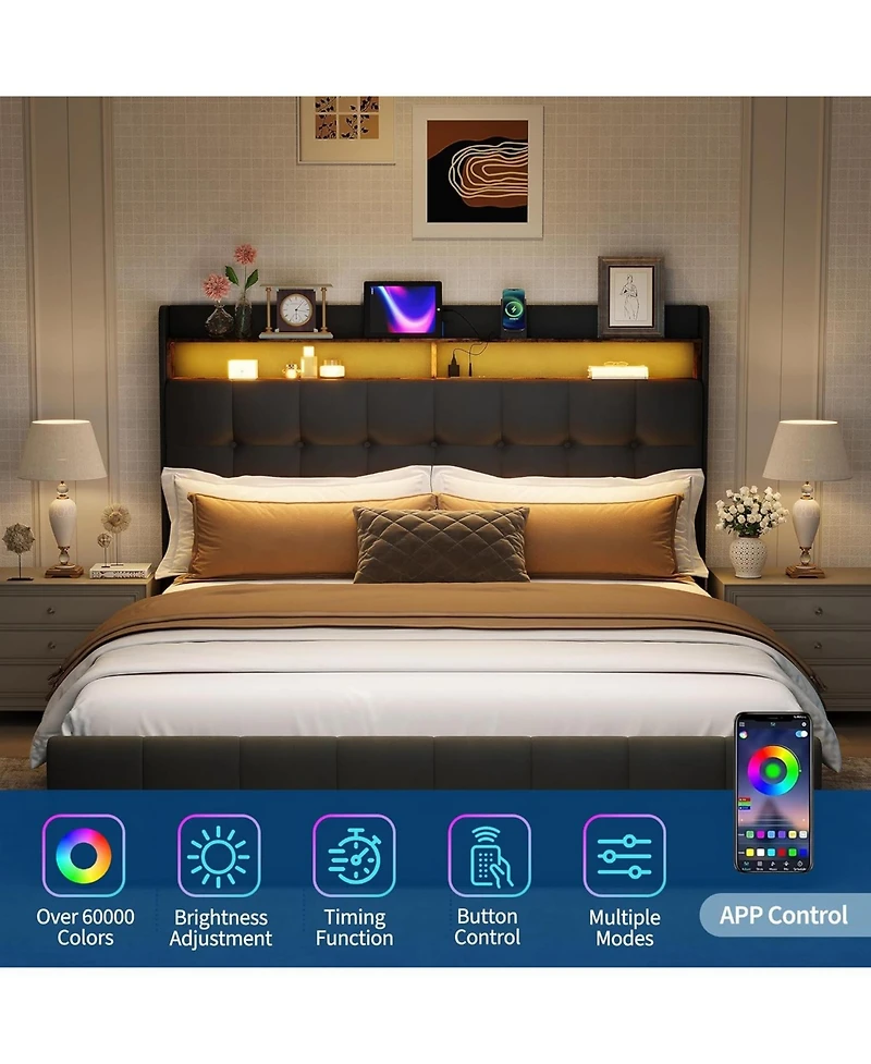 gaomon Bed Frame with 2 Storage Drawers, Upholstered Full Led Light