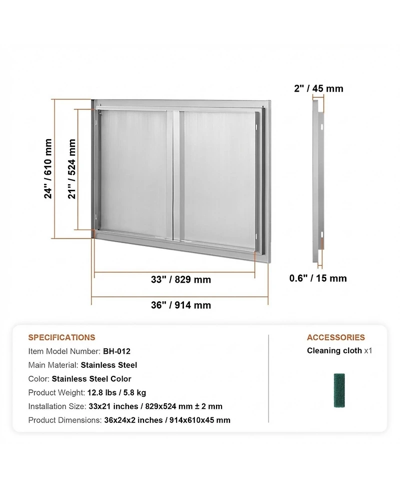 Sugift 36W x 24H in Double Stainless Steel Bbq Access Door with Recessed Handles