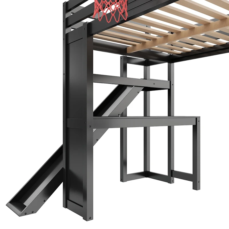 Streamdale Furniture Wooden Loft Bed w/ Desk, Hoop, Slide, Stairs