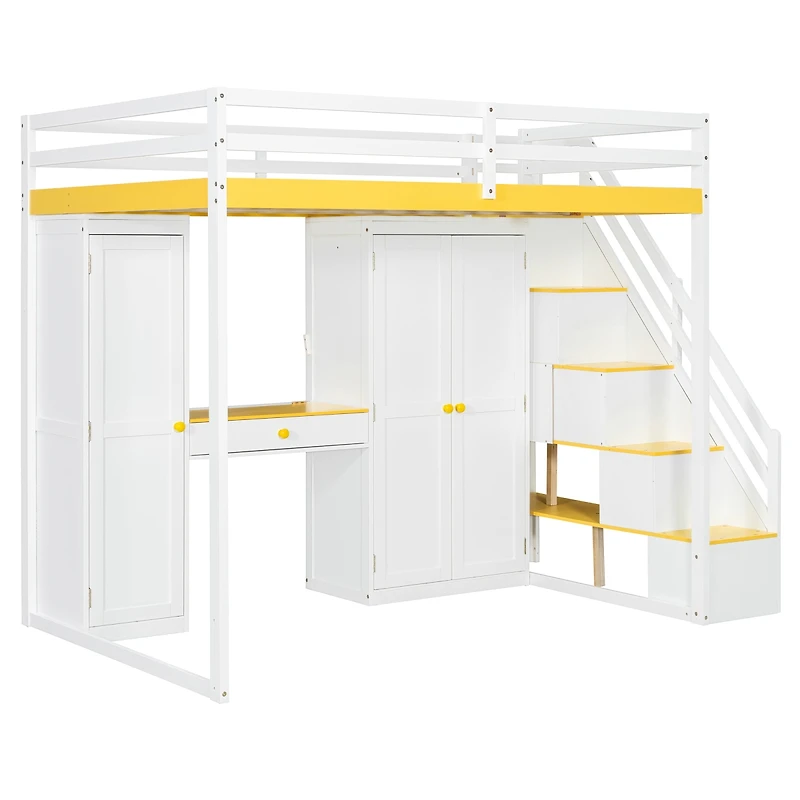 Streamdale Furniture Loft Bed w/Storage Stairs, Vanity, Wardrobe, Usb/Lights