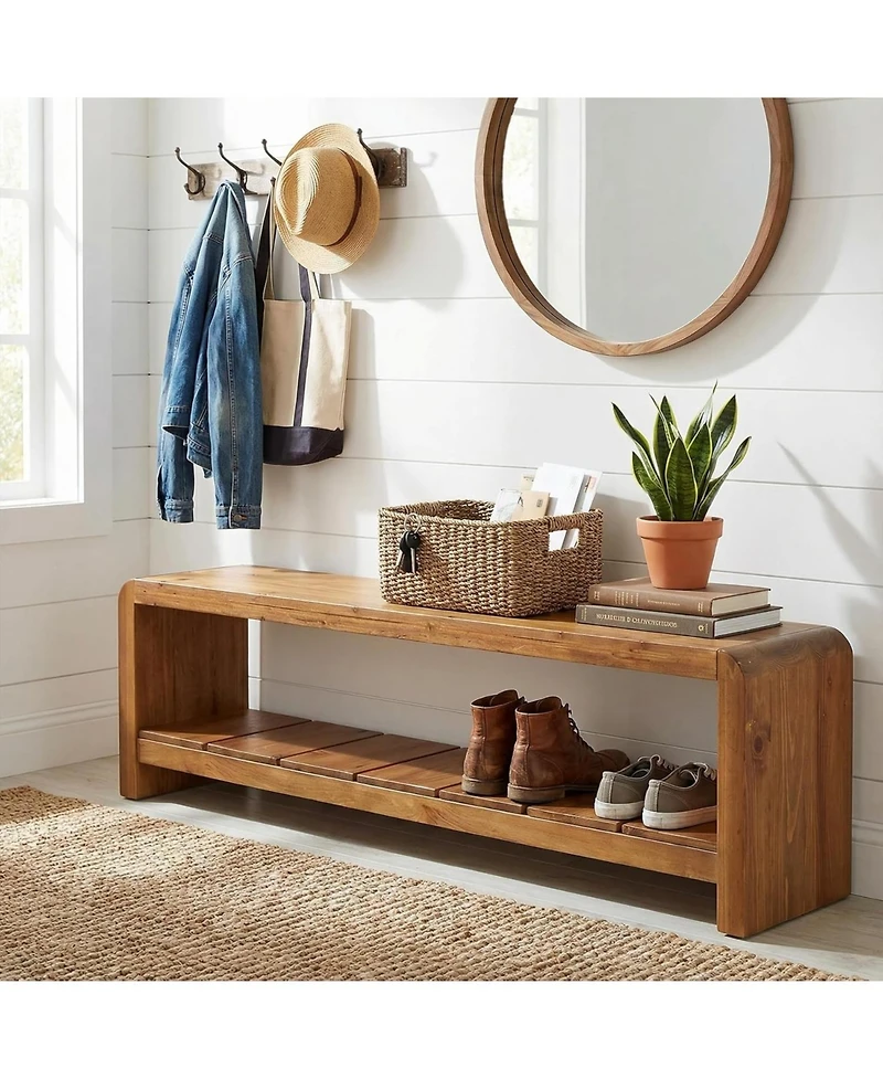Tribesigns Solid Wood Entryway Bench with Shoe Storage, Long Shoe Bench,2-Tier End of Bed Seating