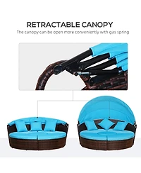 Outsunny 4-Piece Rattan Patio Furniture Set, Round Convertible Daybed or Sunbed with Adjustable Sun Canopy, Sectional Sofa, 2 Chairs, Table