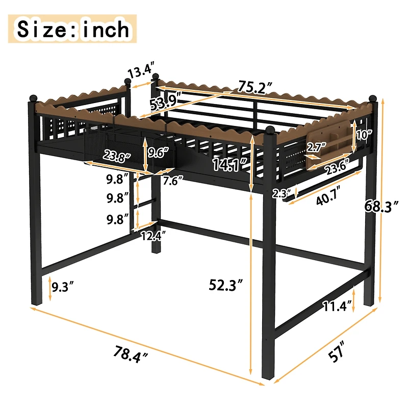 Streamdale Furniture Metal Loft Bed with Shelves and Ladder