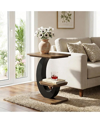 Tribesigns Side Table, 2-Tier Narrow End Table, Industrial Wooden Side Table with Metal Arc-Shaped Frame, Bedside Nightstand