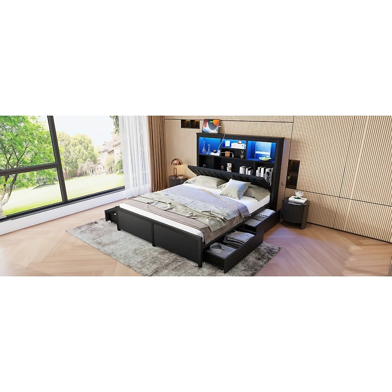 Streamdale Furniture King Bed Frame w/ Storage Headboard, Led, Charging, 4 Drawers, Metal