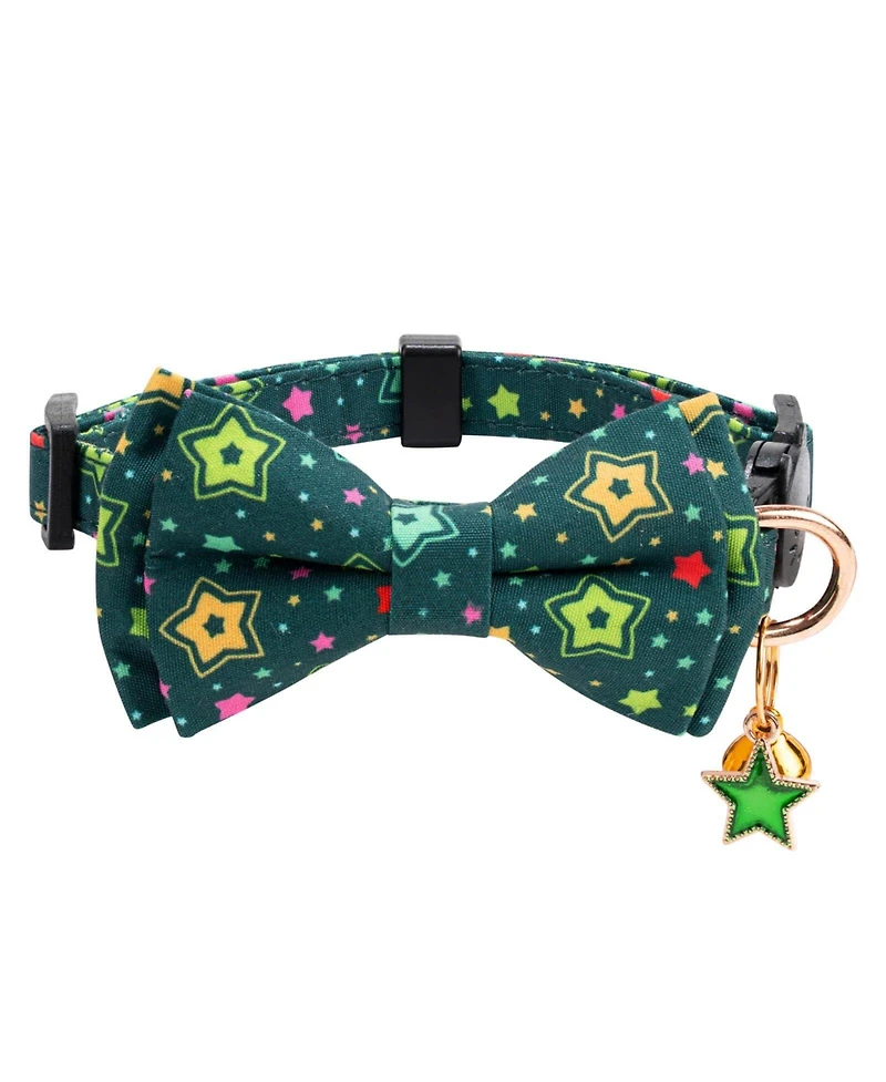 Aronkl 2 Pack Cotton Cat Collars with Bow Tie Bell Adjustable Breakaway Whale Flamingo Patterns for Spring Summer Male Female