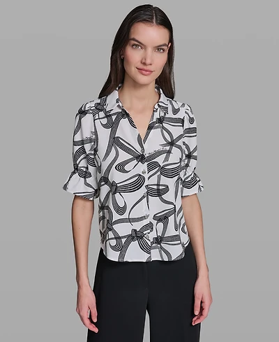 Karl Lagerfeld Paris Petite Bow Print Collared Blouse