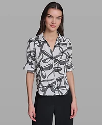 Karl Lagerfeld Paris Petite Bow Print Collared Blouse