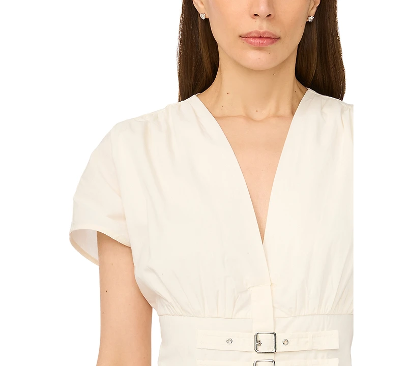 CeCe Women's V-Neck Short-Sleeve Cinch Waist Cotton Midi Dress