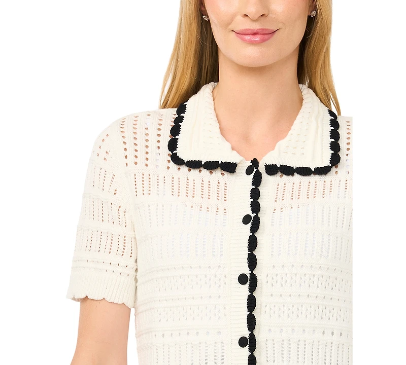 CeCe Women's Short-Sleeve Collared Cotton Cardigan
