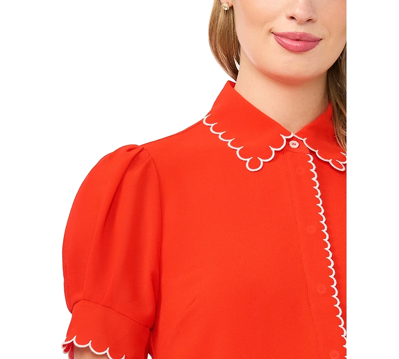 CeCe Women's Scallop Contrast Trim Button Up Top