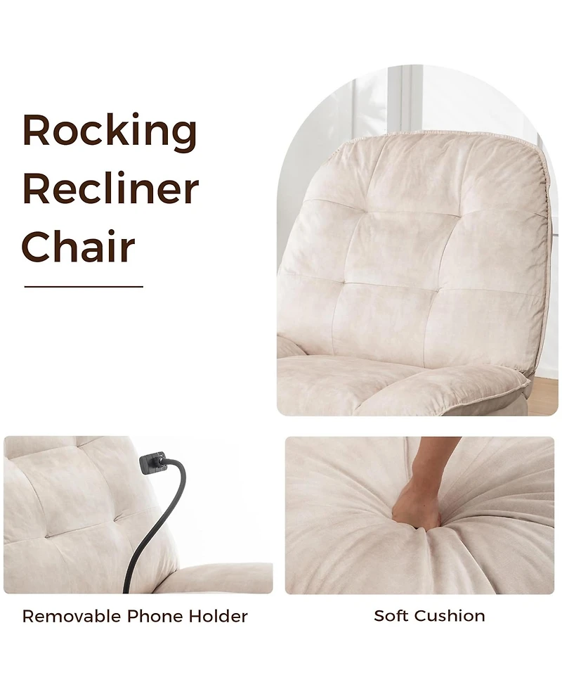 Rainsken Swivel Rocker Recliner Chair, Single Lounge Gliding Rocking Chair with Phone Holder, Comfortable Reading Chair for Living Room, Office