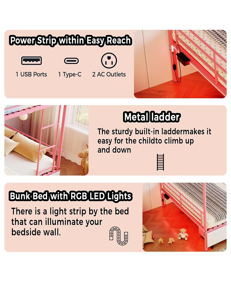 Streamdale Furniture Metal Bunk Bed w/Usb, Split, Storage, Guardrail