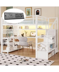 Streamdale Furniture Metal Loft Bed w/Stairs, Desk, Storage, Lights, Charge Station