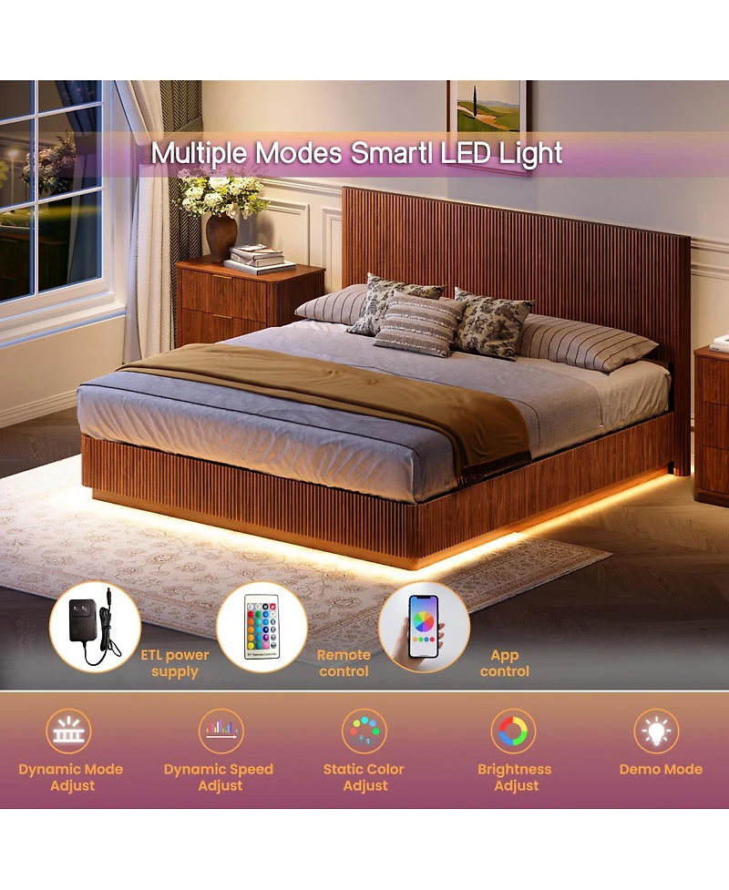 Streamdale Furniture Walnut Led Bed Frame, Modern Wood, Curved Lines.