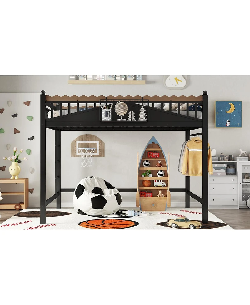 Streamdale Furniture Metal Loft Bed w/Storage Shelves and Bookshelf