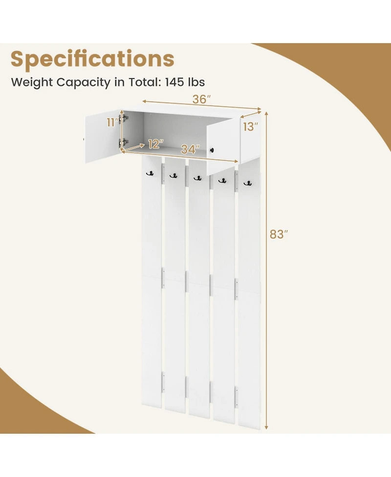 Gouun Wall Mounted Entryway Coat Rack with Storage Cabinet and 5 Hooks