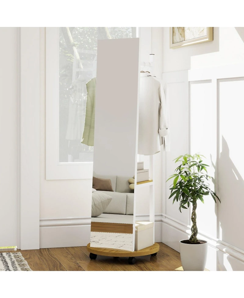 Gouun Freestanding Coat Rack with Full-Length Mirror, 3 Hooks and Storage Shelves on Wheels
