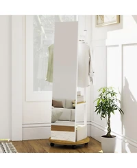 Gouun Freestanding Coat Rack with Full-Length Mirror, 3 Hooks and Storage Shelves on Wheels