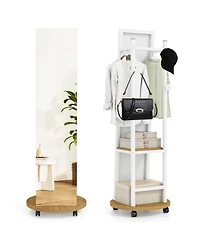 Gouun Freestanding Coat Rack with Full-Length Mirror, 3 Hooks and Storage Shelves on Wheels