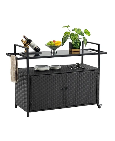 sumyeg Outdoor Wicker Bar Cart with Wheels, Rattan Beverage Serving Cart with Glass Top for Patio