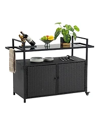 sumyeg Outdoor Wicker Bar Cart with Wheels, Rattan Beverage Serving Cart with Glass Top for Patio