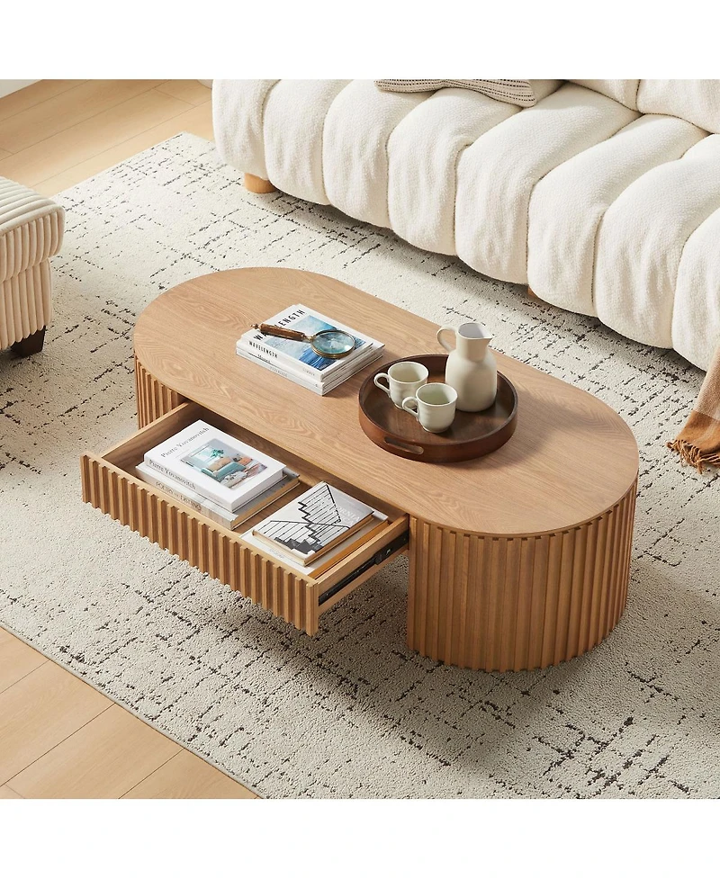 Streamdale Furniture Oval Wood Coffee Table With Drawer - Mid Century Modern Living Room Furniture
