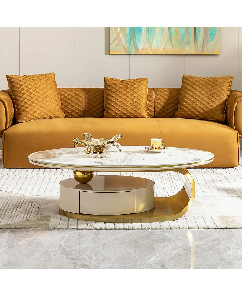 Streamdale Furniture Oval Coffee Table with Drawer, Sintered Stone Marble Top, Gold Stainless Steel Base