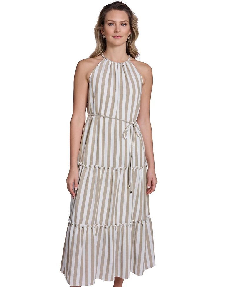 Jessica Howard Women's Sleeveless Braided Halter Neck Tiered Midi Dress