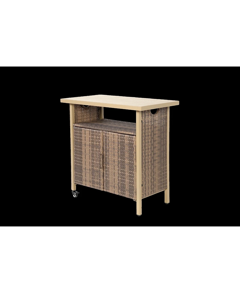 sumyeg Outdoor Wicker Bar Cart with Wheels, Rattan Beverage Serving Cart with Glass Top for Patio