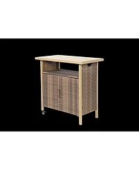 sumyeg Outdoor Wicker Bar Cart with Wheels, Rattan Beverage Serving Cart with Glass Top for Patio