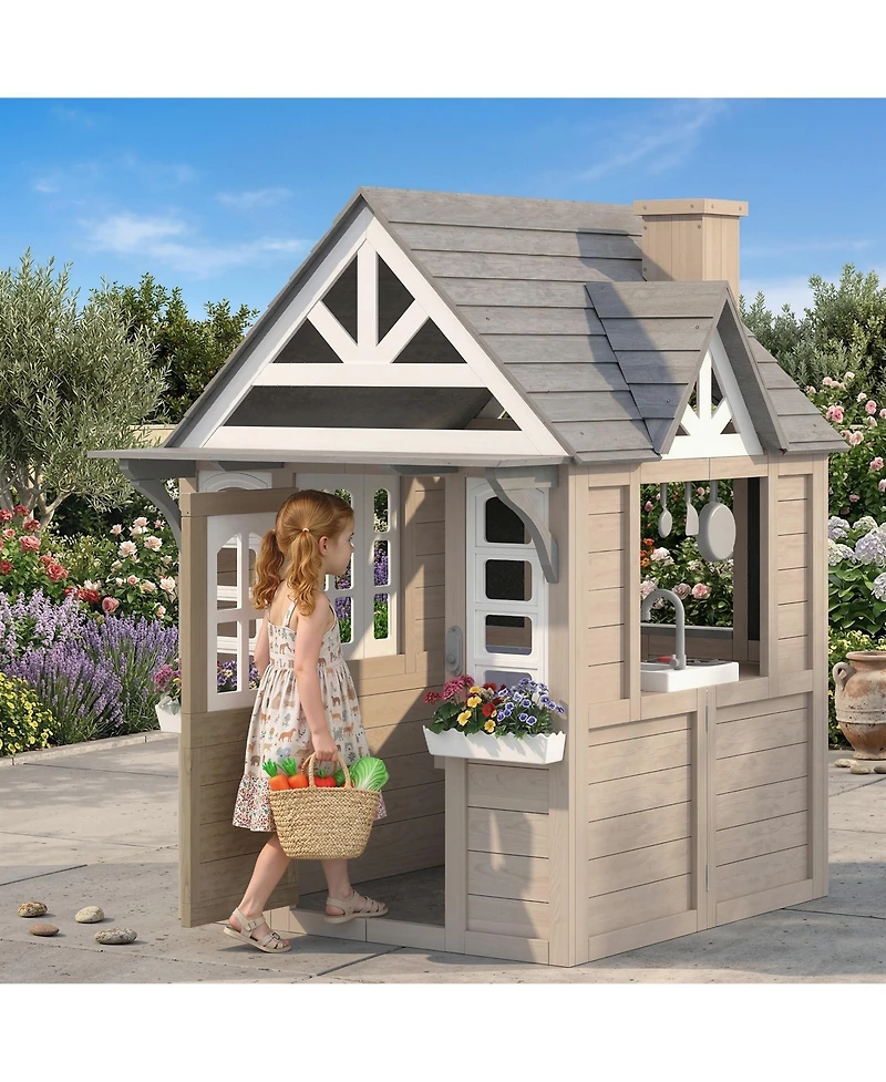 Qaba Outdoor Playhouse, Wooden Kids Playhouse with Dog Door, Cookware, Bell