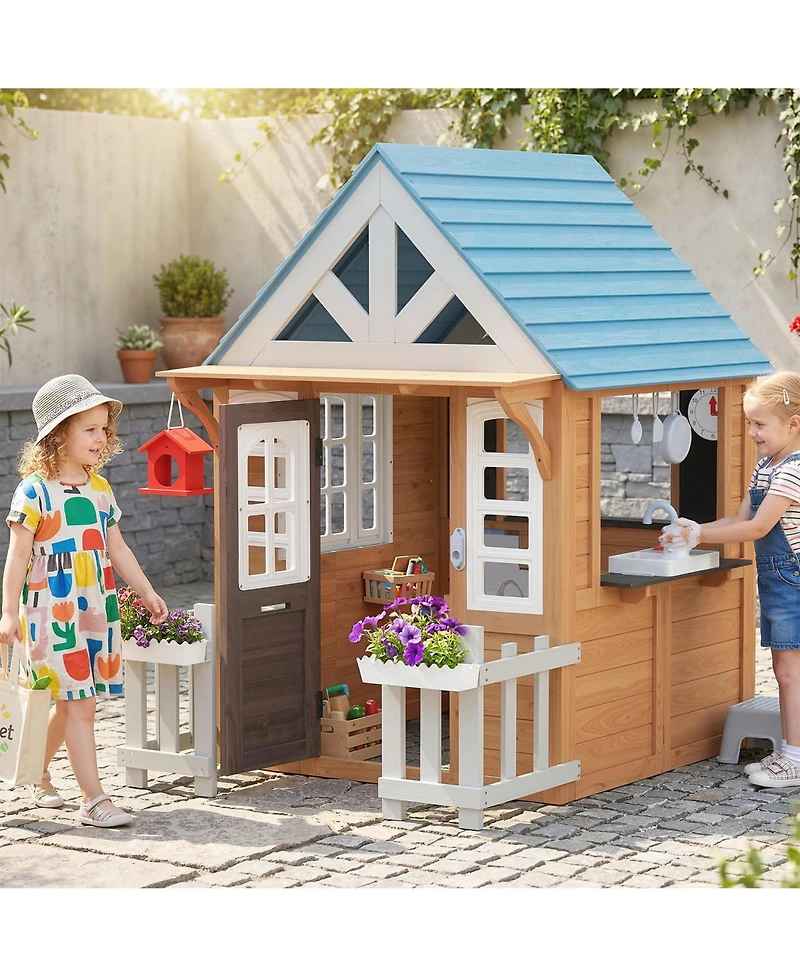 Qaba Outdoor Playhouse with Pet Door, Play Kitchen, Mailbox and Birdhouse