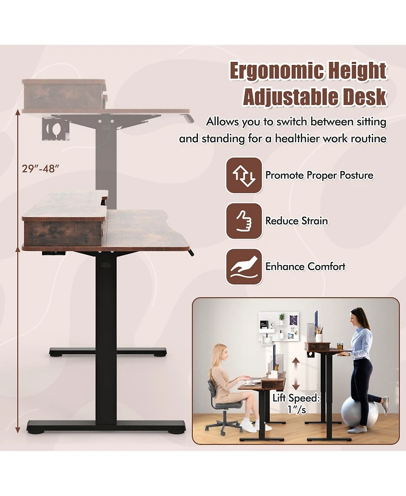 Sugift Height Adjustable Electric Standing Desk with 2 Drawers-Brown